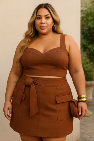 Conjunto em Linho Alfaiataria Moderna Top e Short Saia– Elegância e Conforto em Tom Marrom.