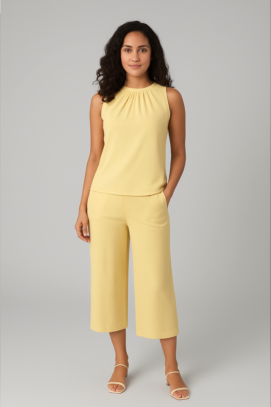 Conjunto com calça Pantacourt e blusa com gola redonda – Amarelo Manteiga
