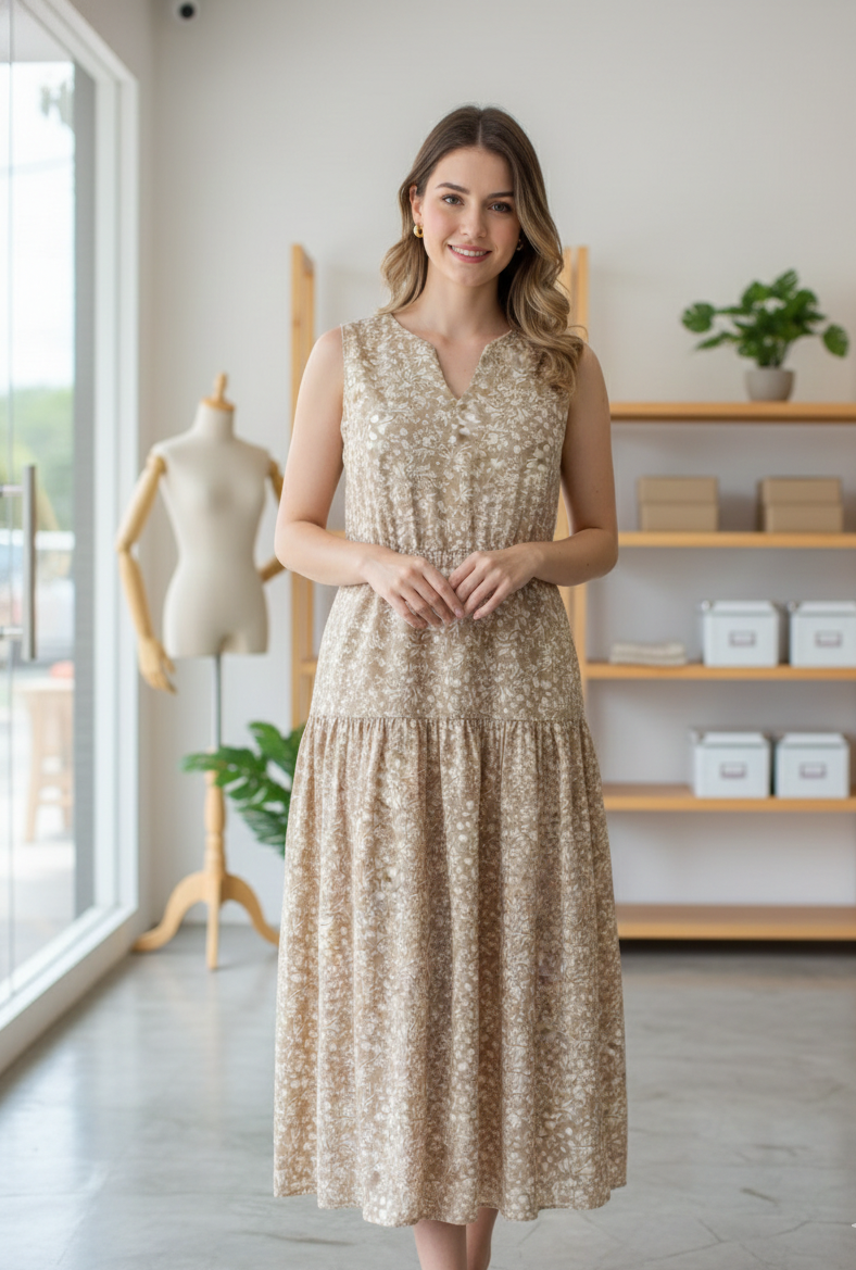 Vestido Midi Floral "Bege Vintage" – Elegância em Cada Detalhe